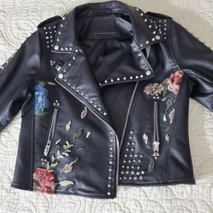 Faux leather jacket w/ embroidery detailing